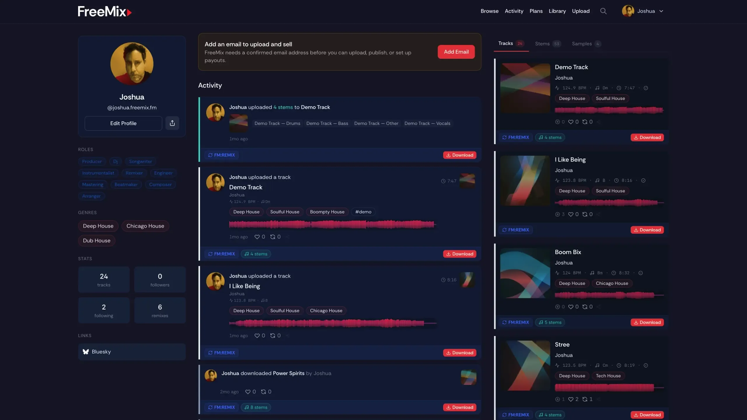 FreeMix artist profile page
